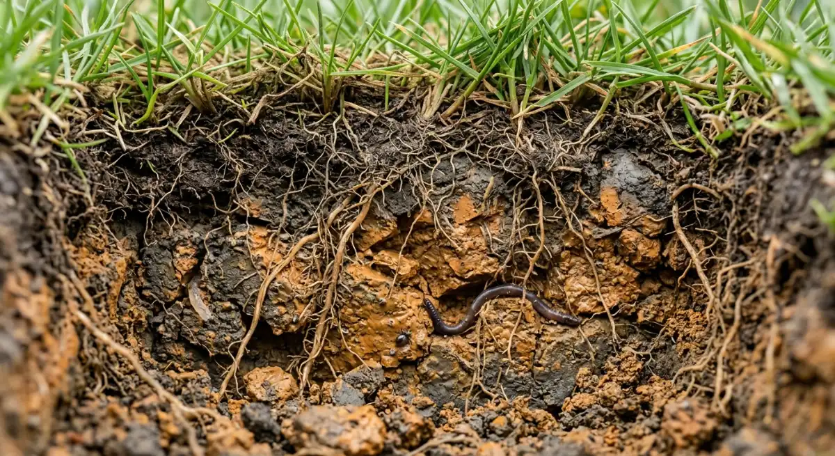 Close up cross section of heavy clay soil and grass roots typical of western suburbs