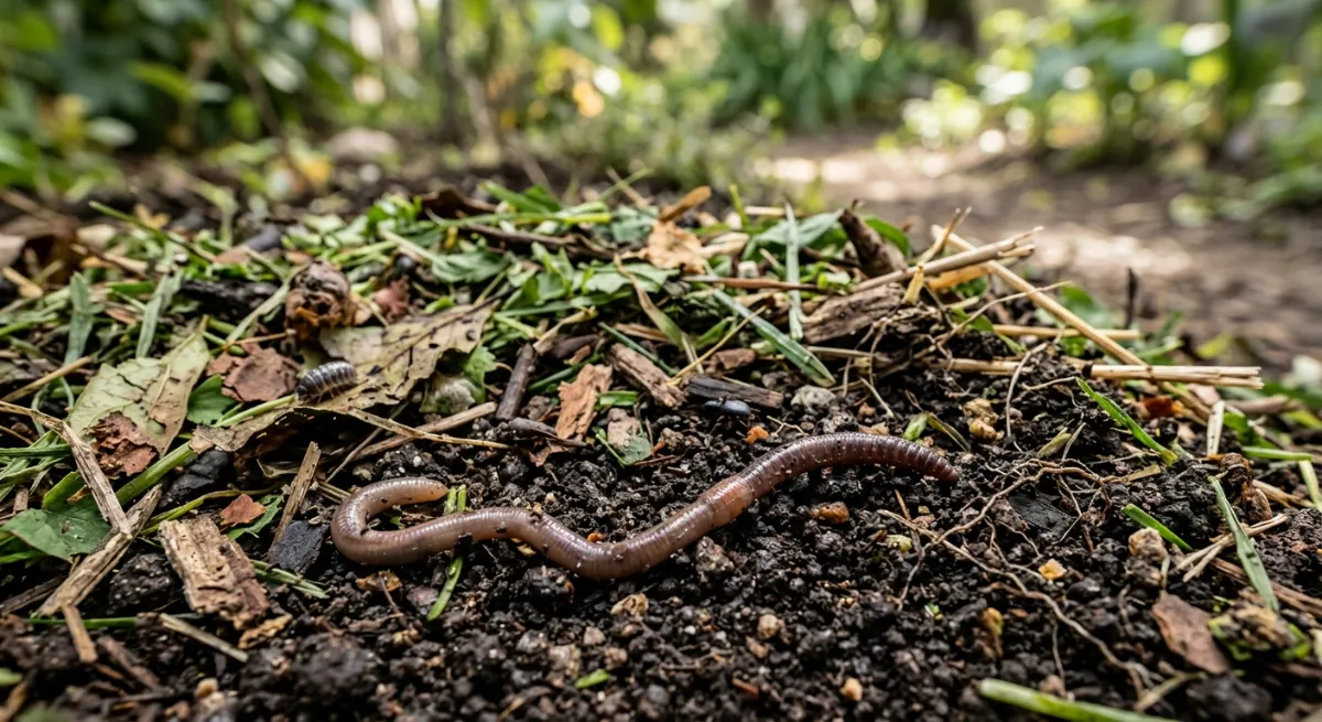 Close-up macro shot of dark, nutrient-rich garden soil mixed with organic green waste mulch