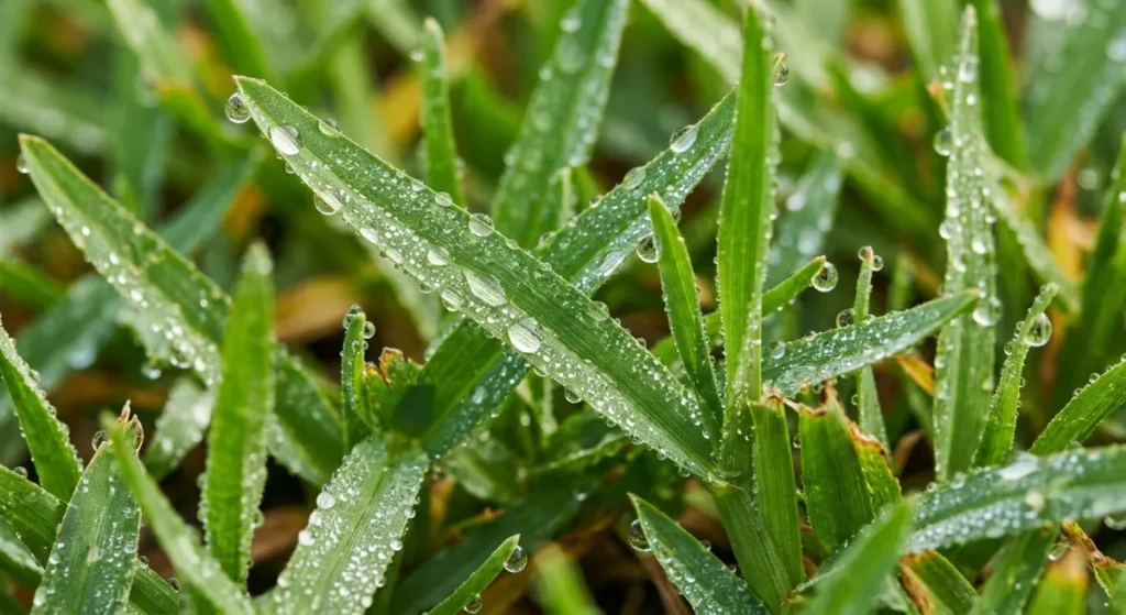 Close up macro shot of healthy vibrant green Kikuyu grass blades in spring