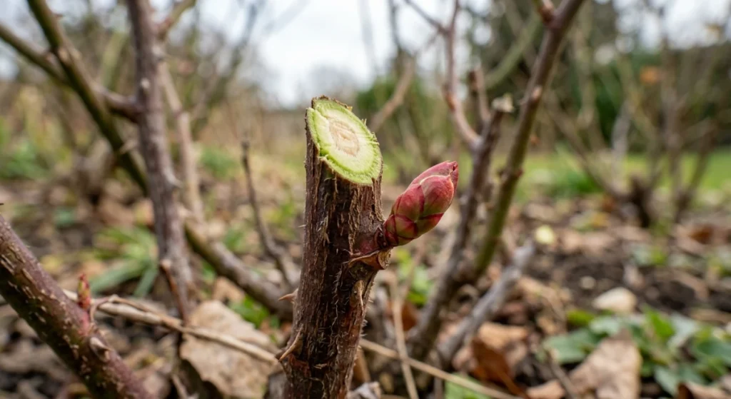 Close-up of a clean 45-degree pruning cut on a dormant plant stem