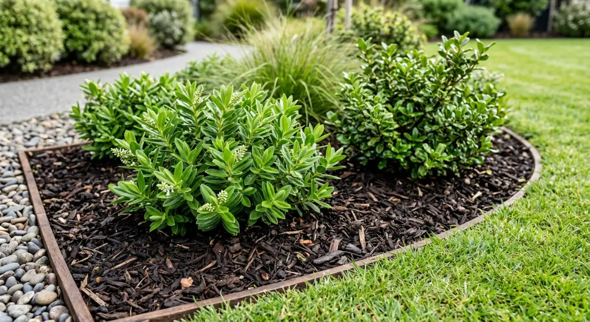 Close up of a clean, weed-free garden bed with dark mulch and sharp borders