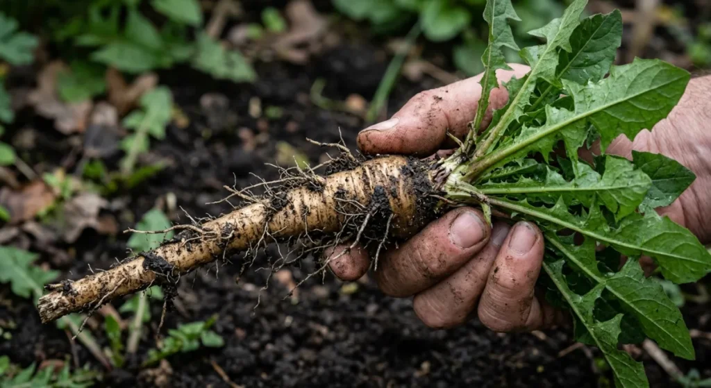 Close-up of a dandelion taproot demonstrating the deep root systems targeted during garden weeding