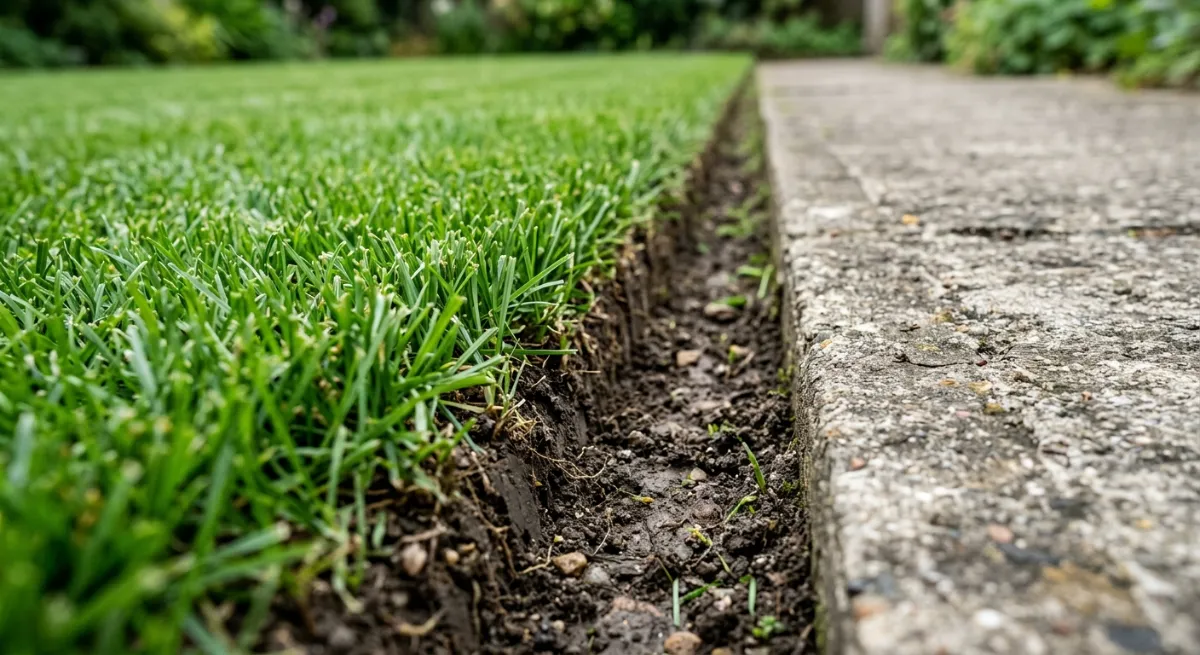 Close up of a freshly trimmed lawn edge against a concrete path