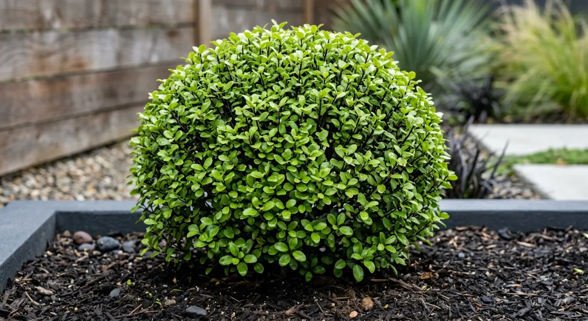 Close up of a geometrically shaped Pittosporum shrub showing clean edges and healthy leaves