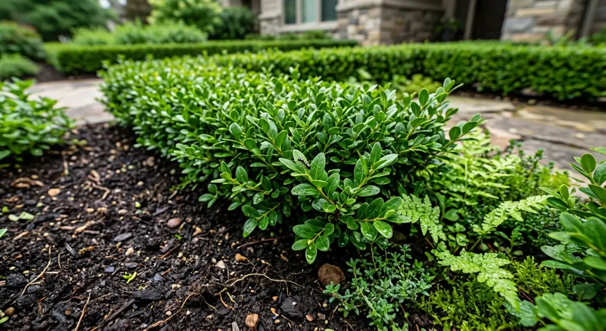 Close up of a highly manicured commercial garden bed with dark soil and trimmed hedges