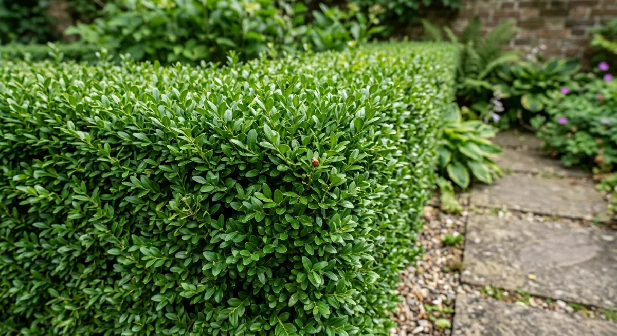 Close-up of a neatly shaped evergreen Buxus hedge showing precision trimming