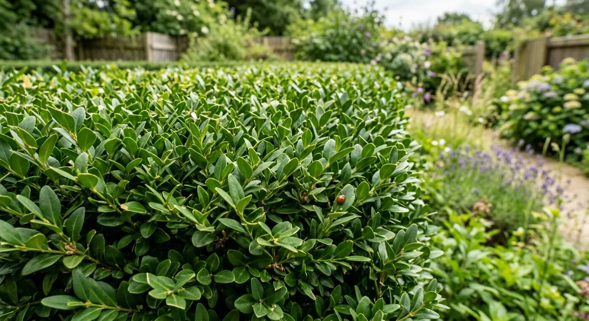Close-up of a neatly trimmed hedge boundary showcasing professional garden maintenance