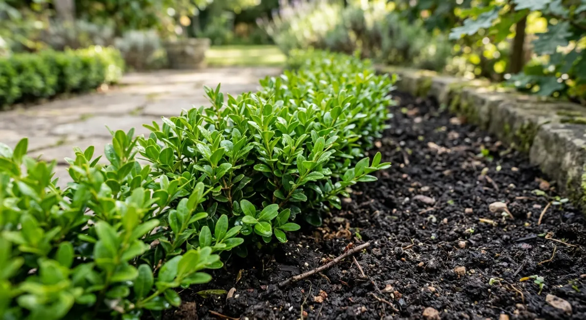 Close up of a neatly trimmed small green hedge and clean garden bed soil