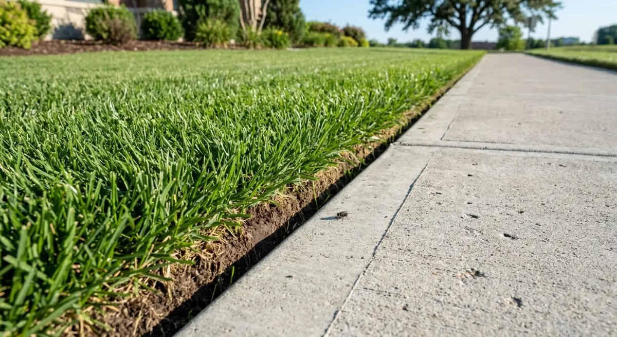 Close up of a perfectly manicured commercial lawn edge and concrete pathway