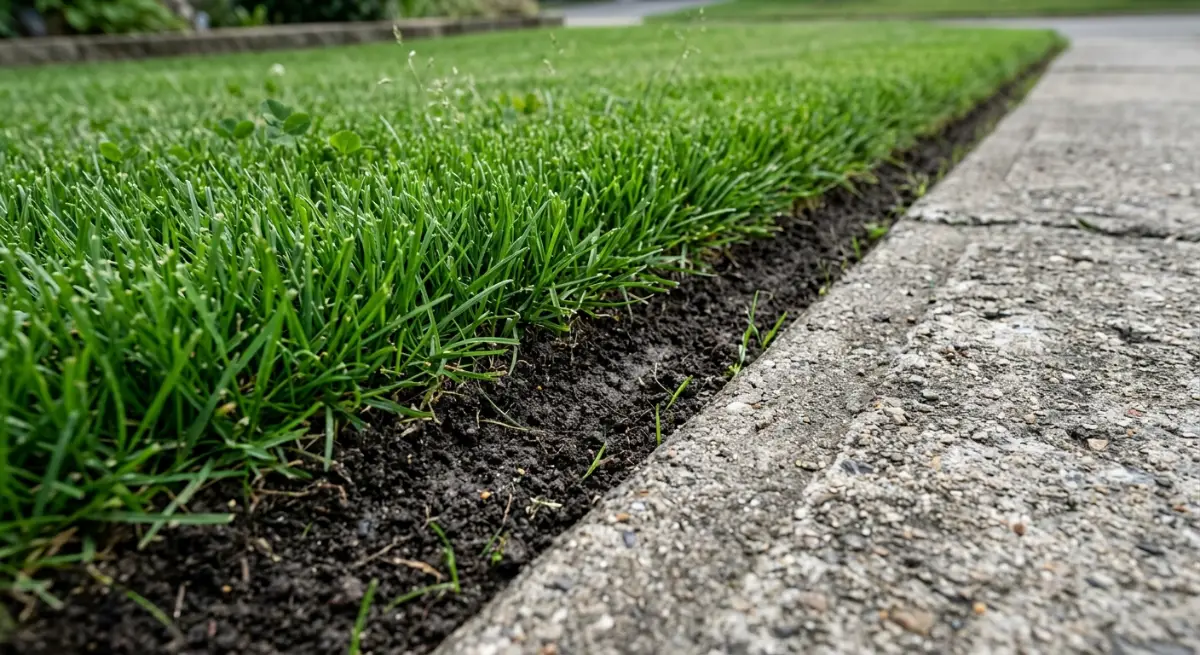 Close-up of a perfectly manicured lawn edge demonstrating high-quality property maintenance