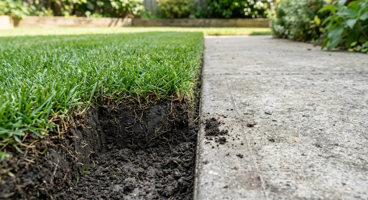 Close up of a perfectly manicured lawn edge next to a concrete path showing clean soil lines