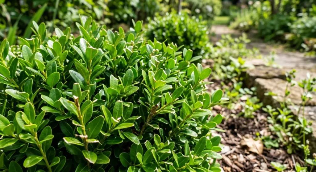 Close up of a perfectly shaped Buxus topiary shrub showing dense green foliage