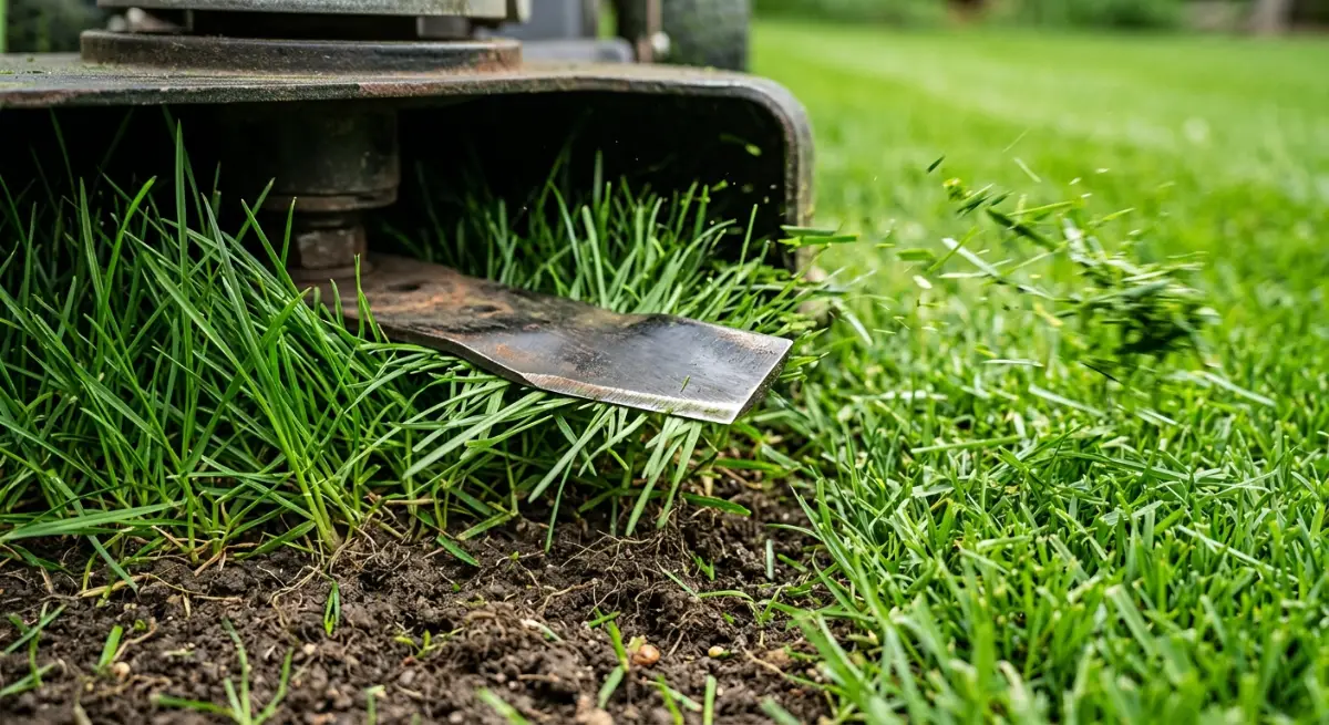 Close up of a professional lawn mower blade cleanly cutting healthy green grass