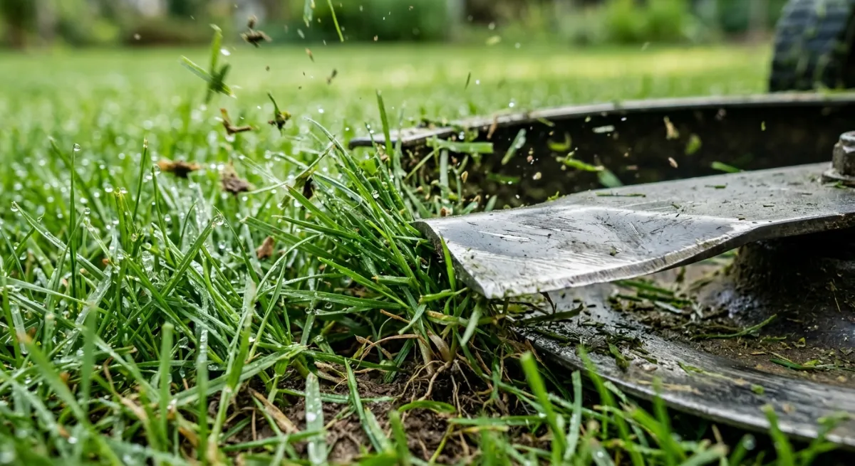 Close up of a sharp lawnmower blade cutting through healthy green grass