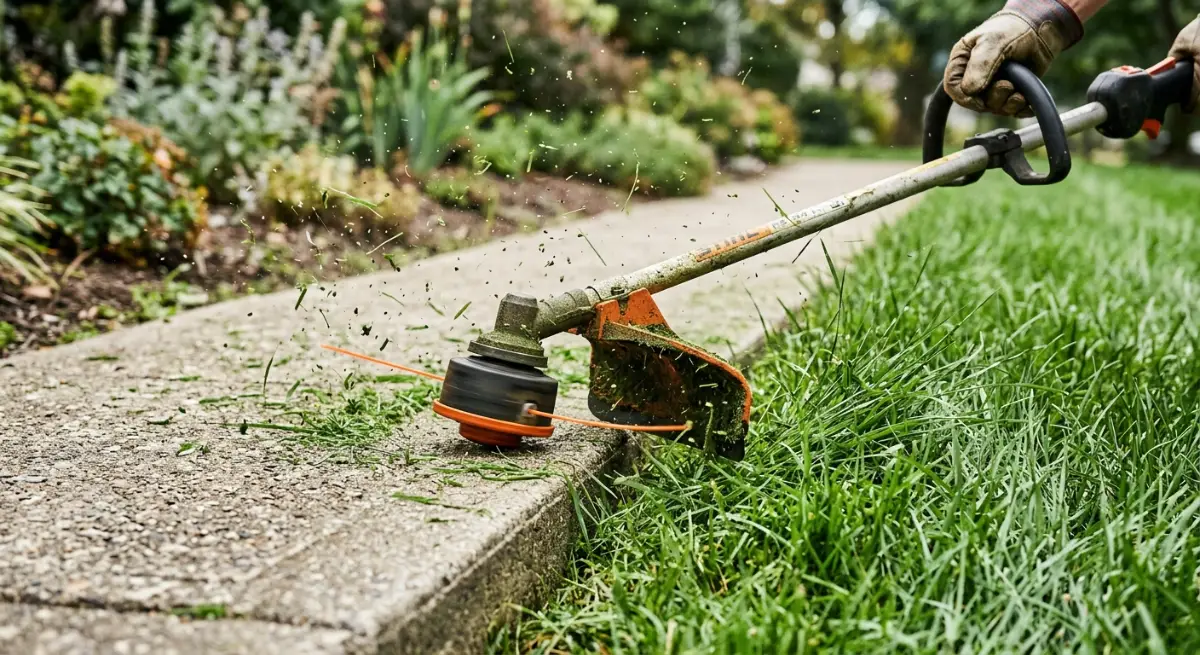Close up of a string trimmer cutting a crisp edge along a concrete pathway