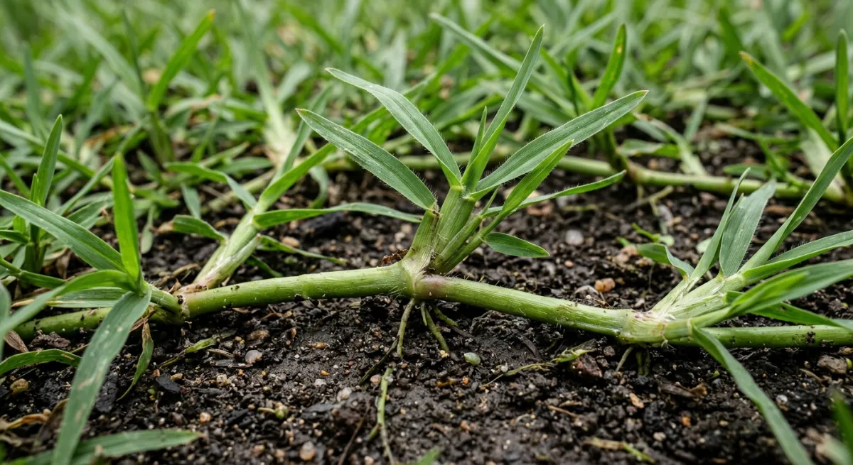 Close up of aggressive Kikuyu grass runners typical in Auckland lawns