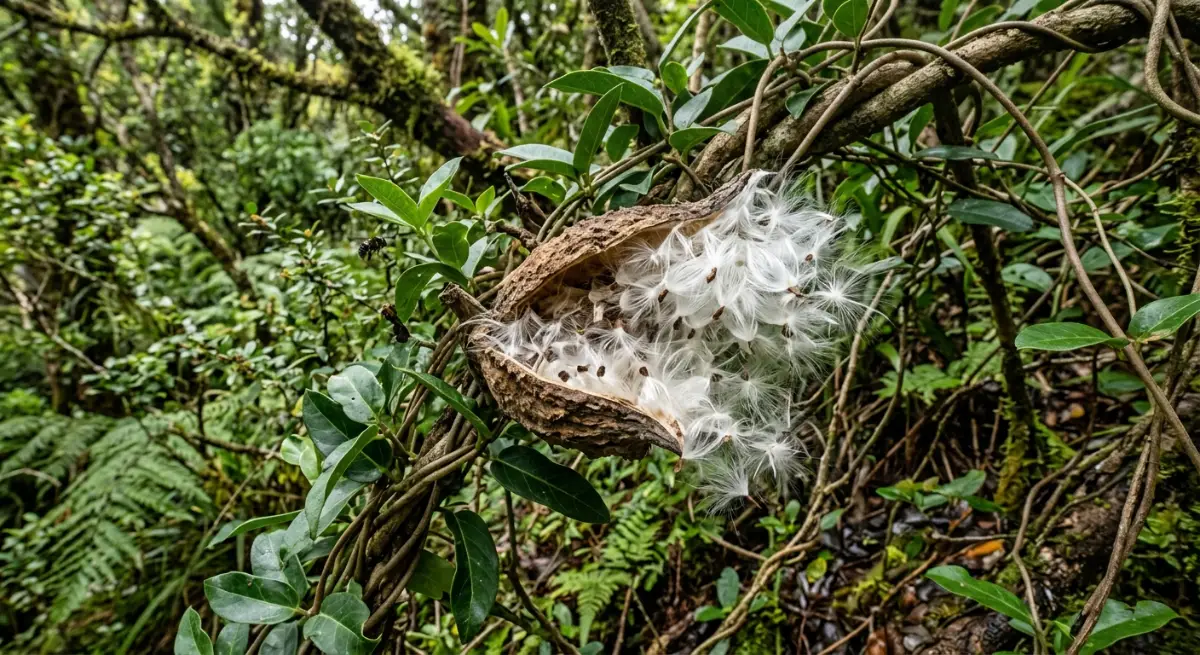 Close-up of an invasive Moth Plant seed pod bursting open in native New Zealand bush