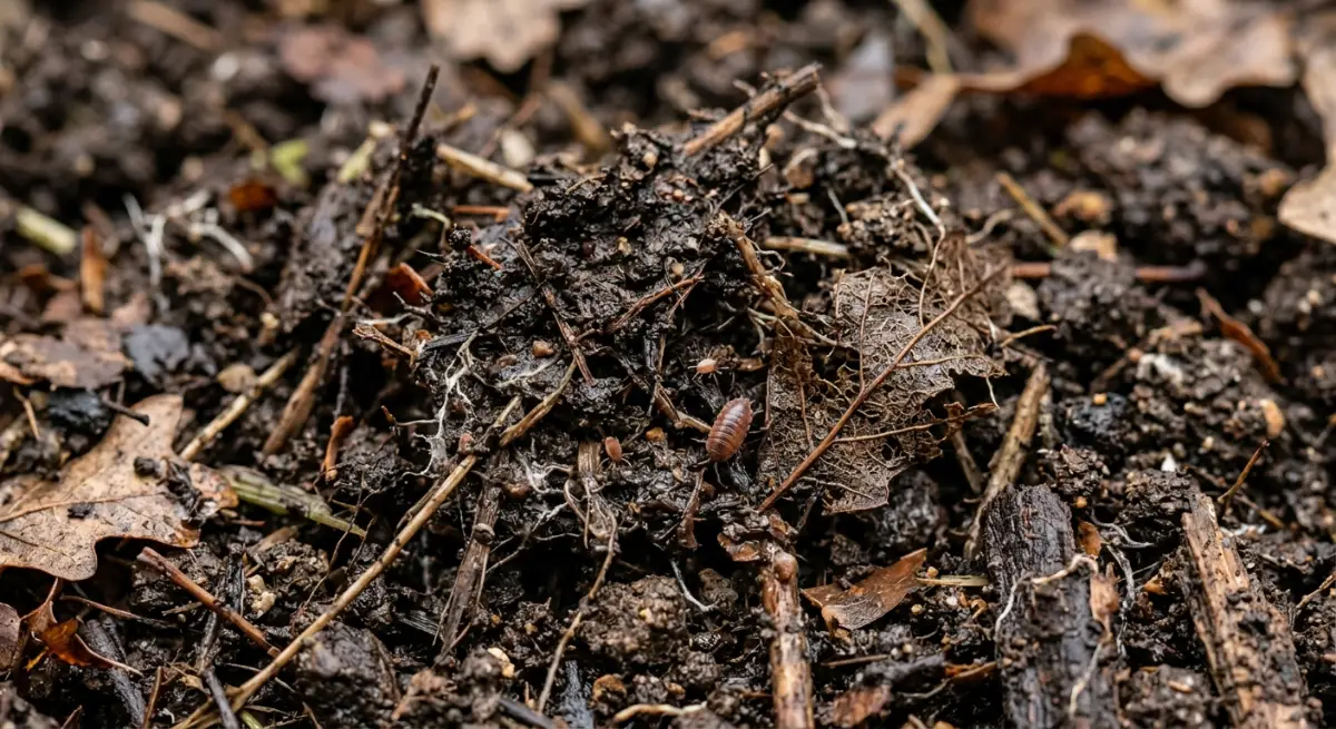 Close up of dark organic compost breaking down