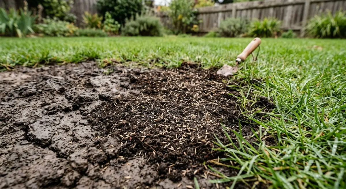 Close up of exposed clay soil being repaired with grass seed and compost
