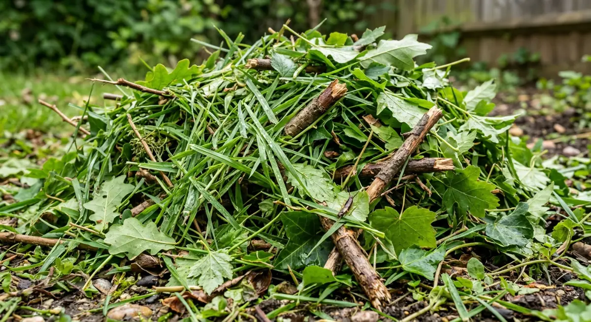 Close up of fresh green waste including grass clippings and leaves