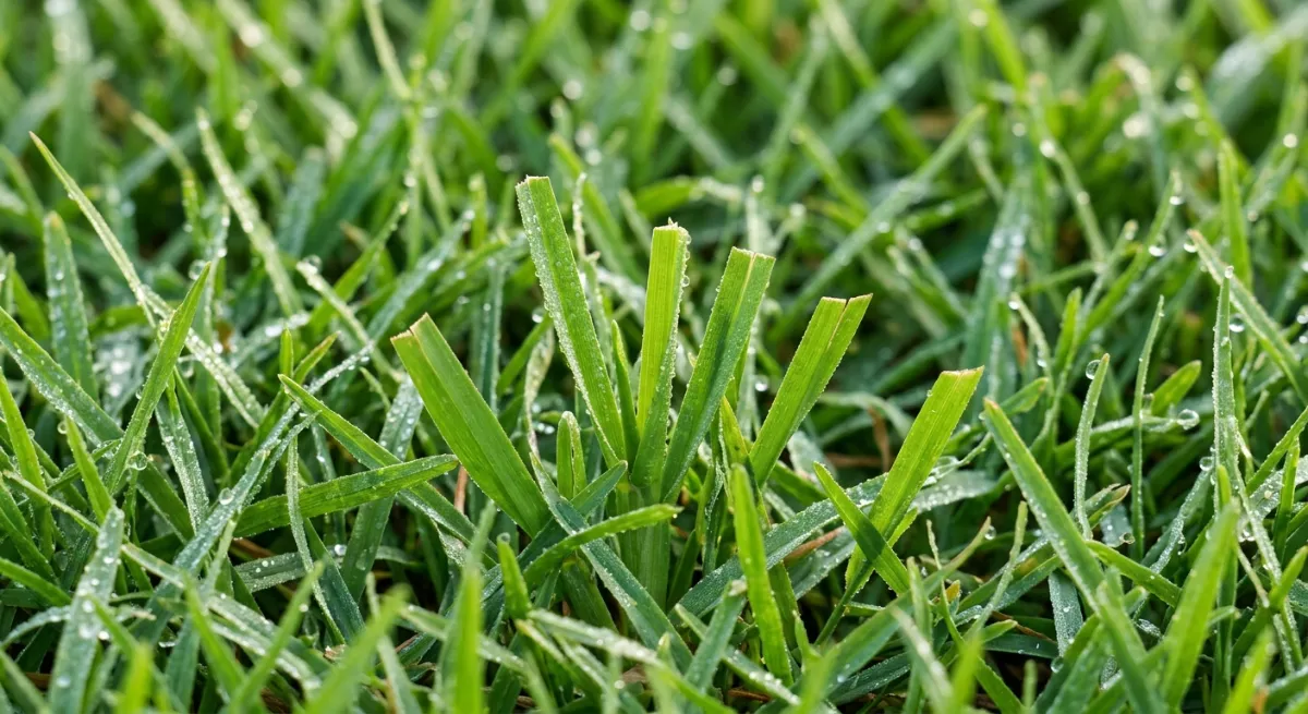 Close up of freshly cut healthy lawn grass blades