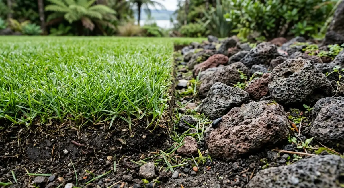 Close up of freshly cut lawn edge against volcanic scoria in Mt Eden