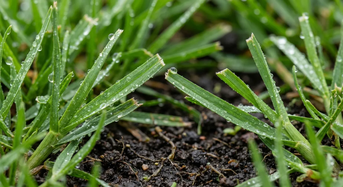 Close up of freshly mowed green grass blades showing a clean cut without tearing