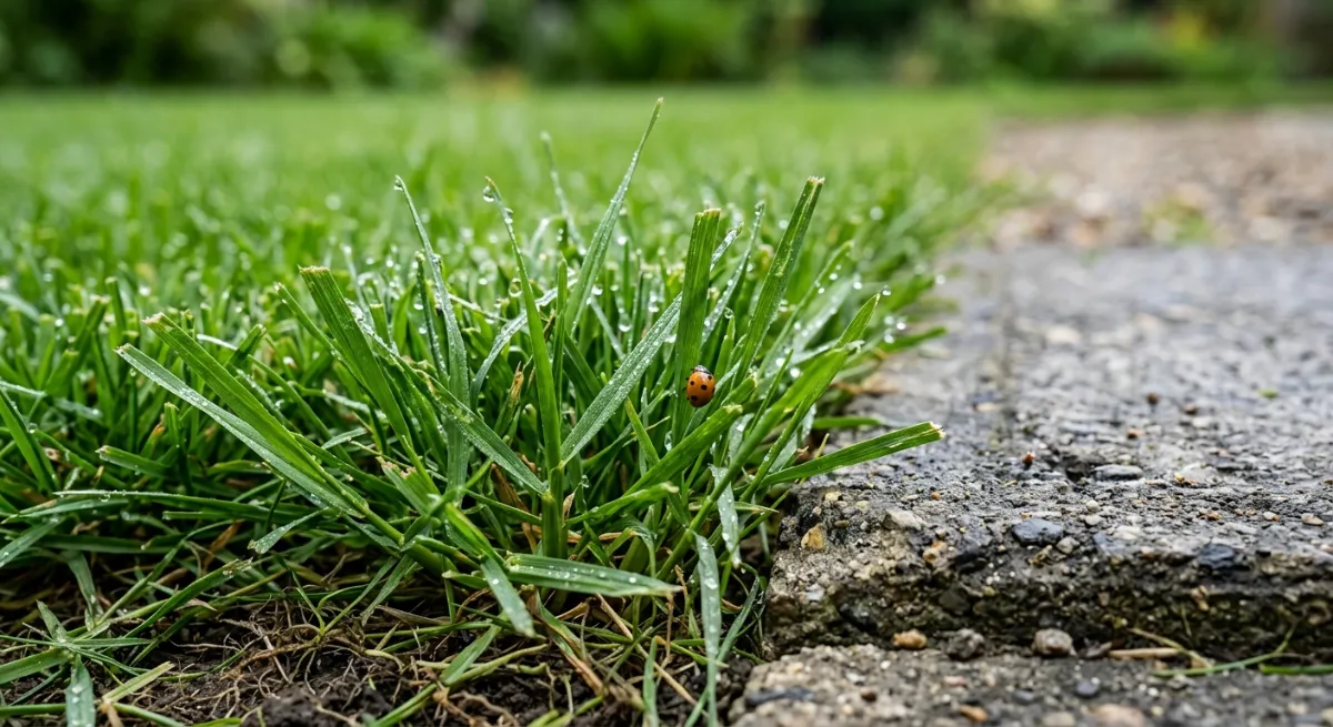 Close-up of freshly mowed green grass next to a clean concrete edge