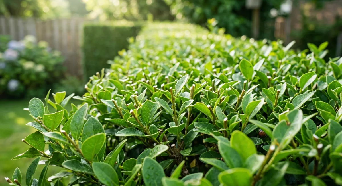 Close up of freshly trimmed boundary hedge leaves showing professional garden care