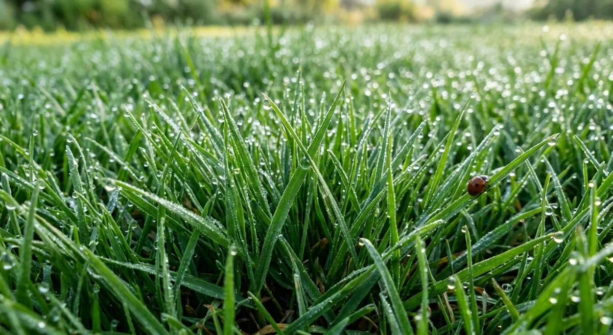 Close-up of healthy green grass blades with morning dew