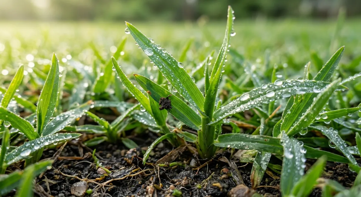 Close up of healthy green Kikuyu grass blades with morning dew