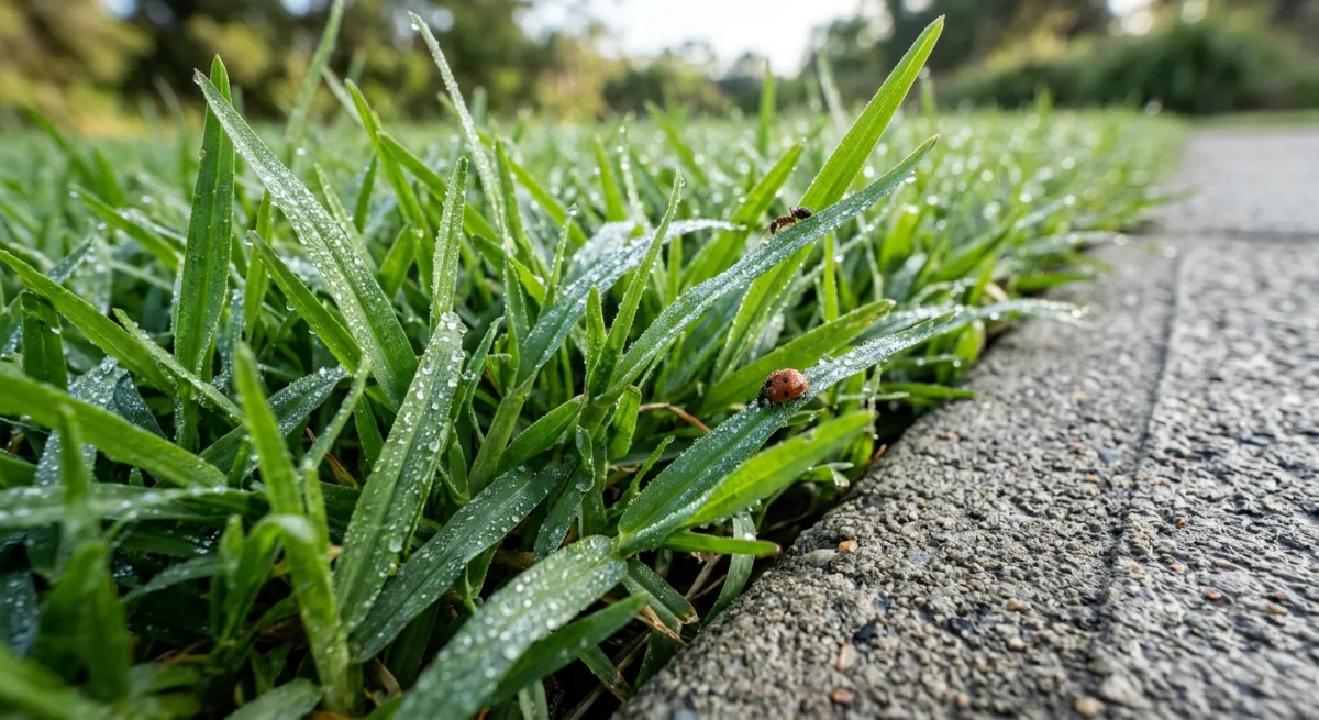 Close up of healthy green Kikuyu grass cleanly edged typical of North Shore lawns