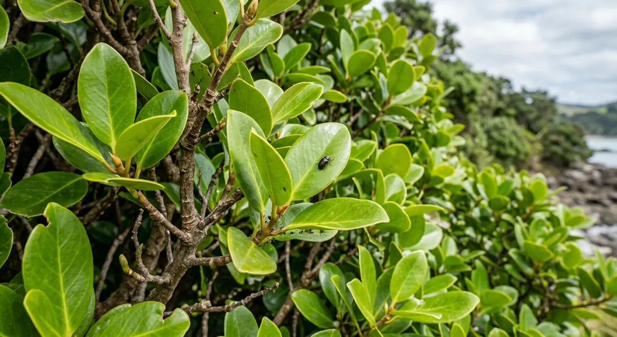 Close-up of healthy Griselinia boundary hedge leaves showing dense growth