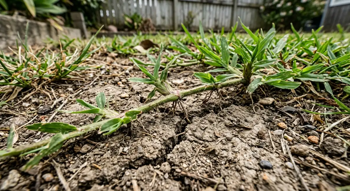 Close up of Kikuyu grass runners on dry clay soil in a New Zealand backyard