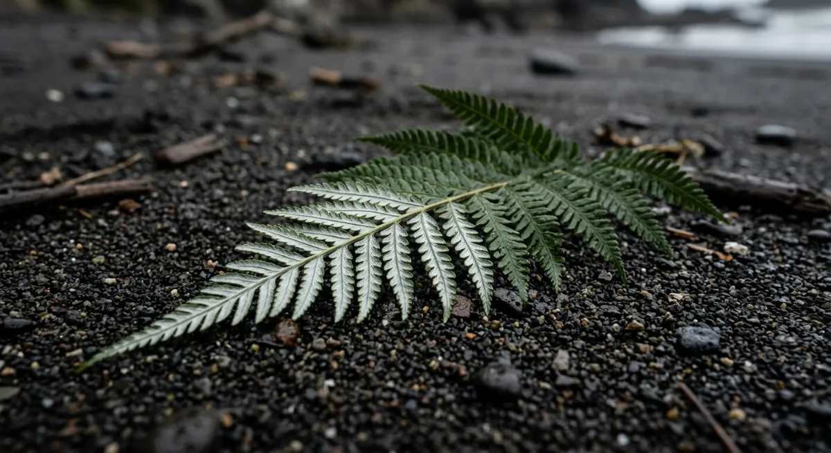 Close up of native silver fern on black volcanic sand typical of western beaches
