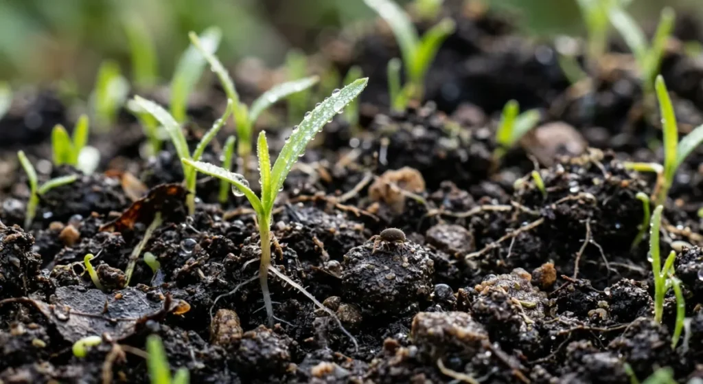 Close up of new grass seedlings emerging from freshly aerated soil