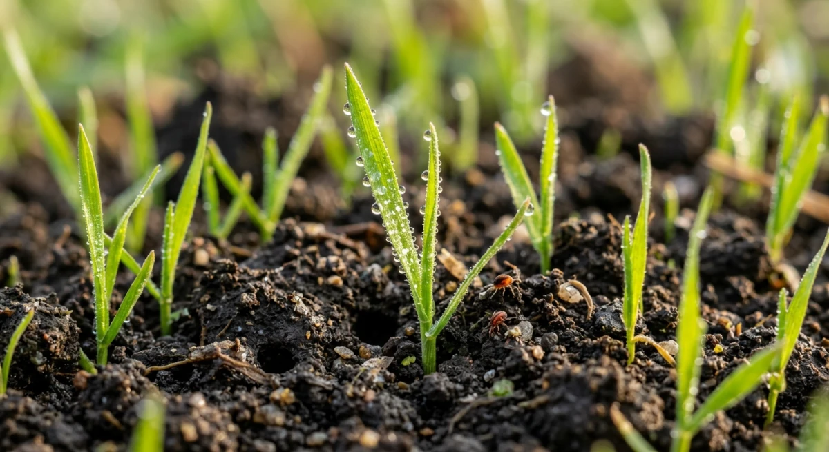 Close-up of new grass shoots emerging from dark, healthy topsoil