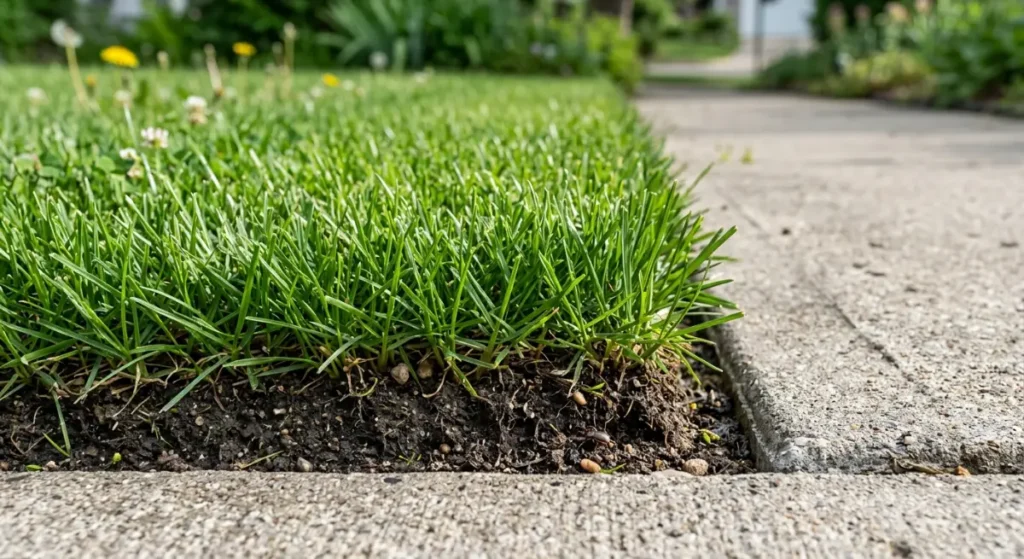 Close up of perfectly edged green grass meeting a clean concrete pathway