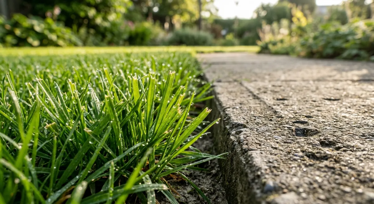 Close-up of perfectly edged lawn next to a concrete path demonstrating high quality lawn care