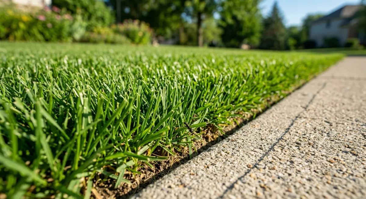 Close up of perfectly manicured lawn edges along a concrete path in Auckland