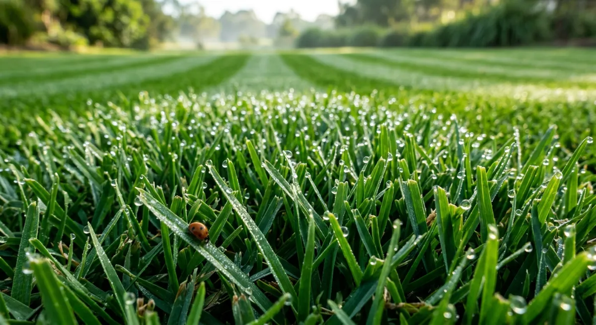 Close up of perfectly striped, healthy green lawn showing precision cutting