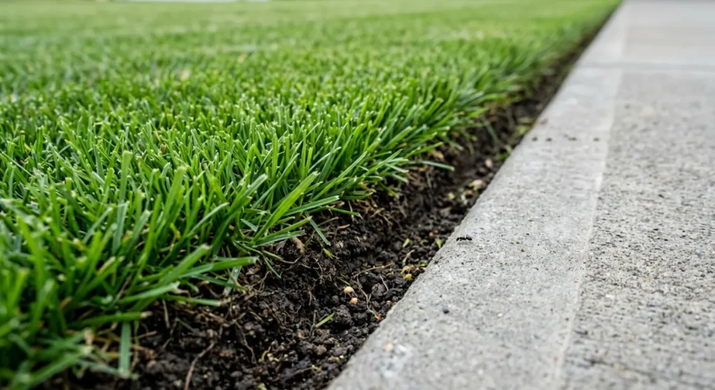 Close up of precision weed-eating and edging along a commercial concrete pathway