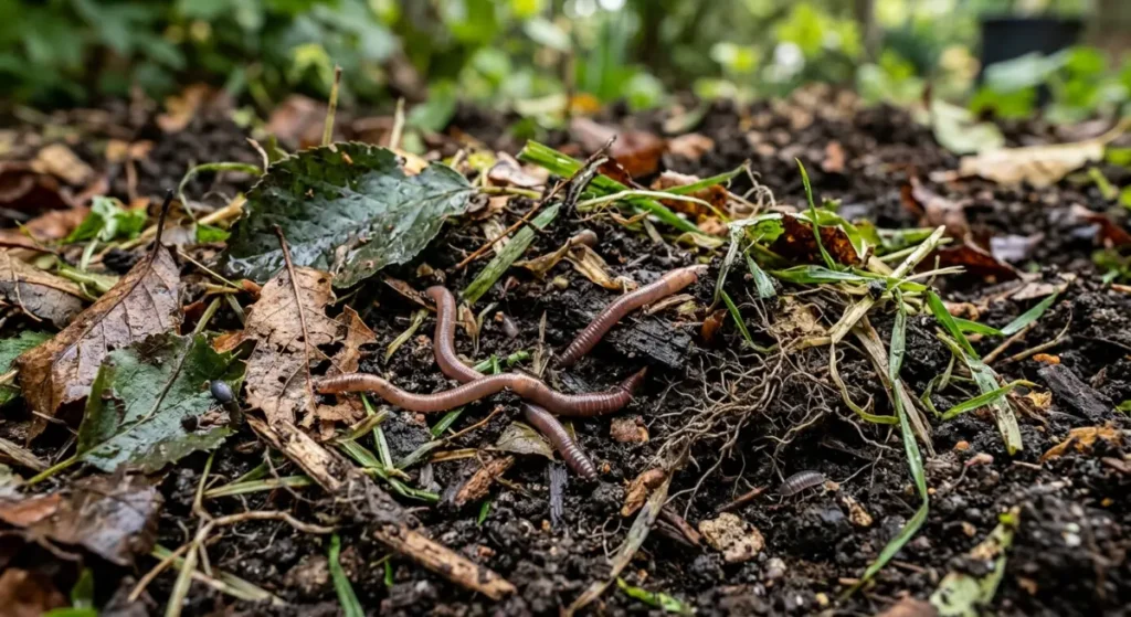 Close-up of rich, dark organic compost soil mixed with decaying green leaves and grass clippings