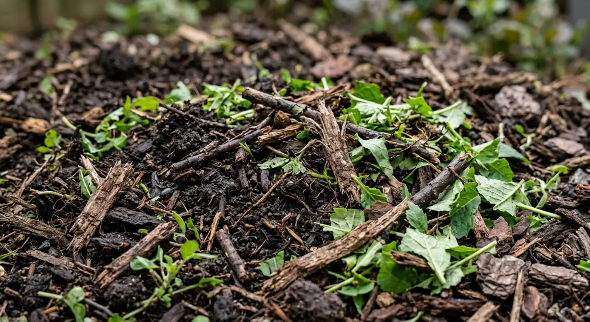 Close-up of rich organic compost and recycled green waste