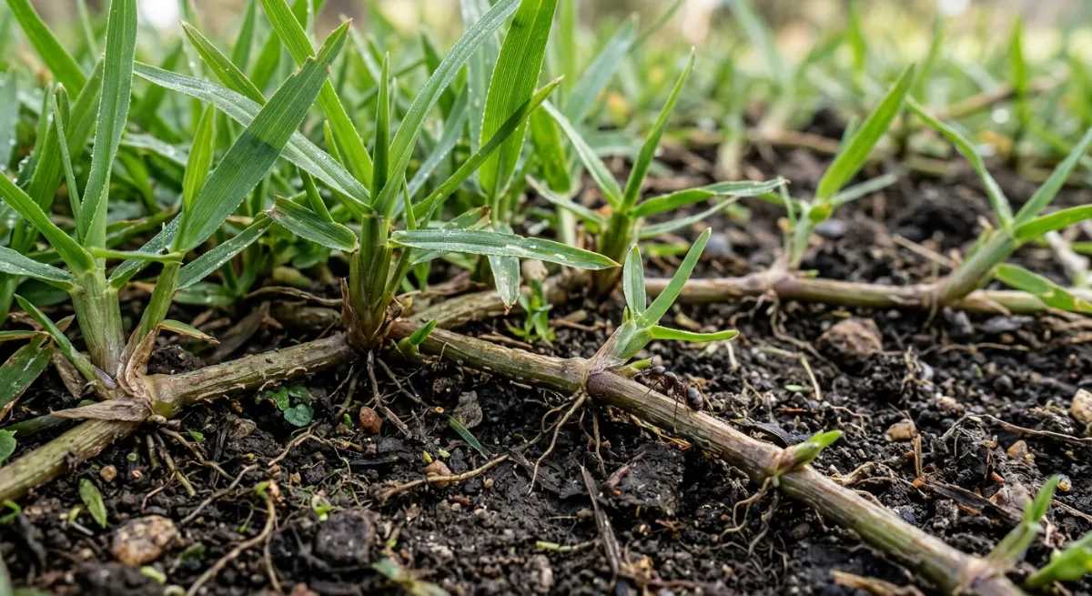 Close up of thick green Kikuyu grass runners and blades in native soil