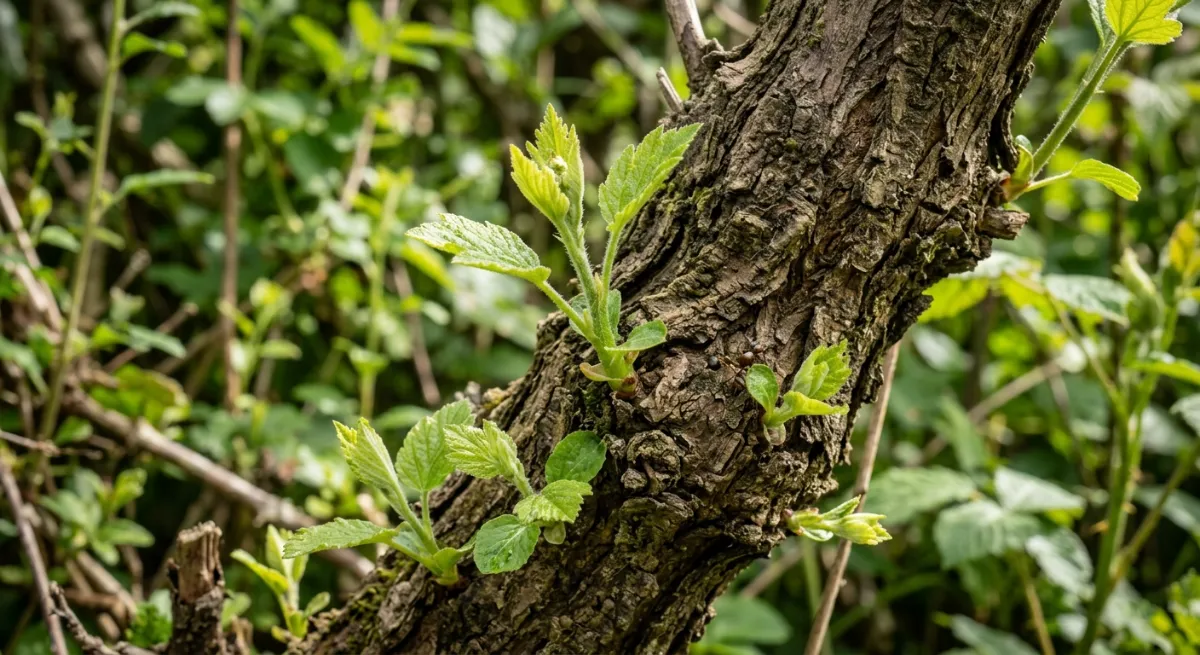 Close-up of thick woody hedge branches showing the difference between old growth and new shoots