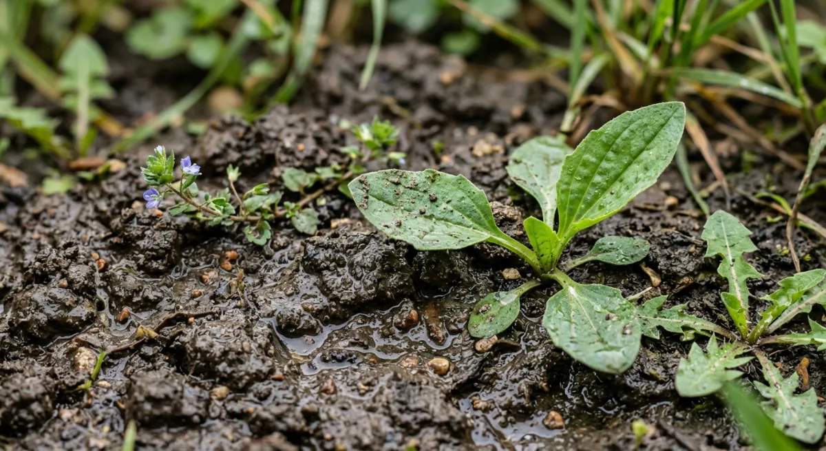 Close up of waterlogged clay soil and creeping weeds typical of West Auckland gardens
