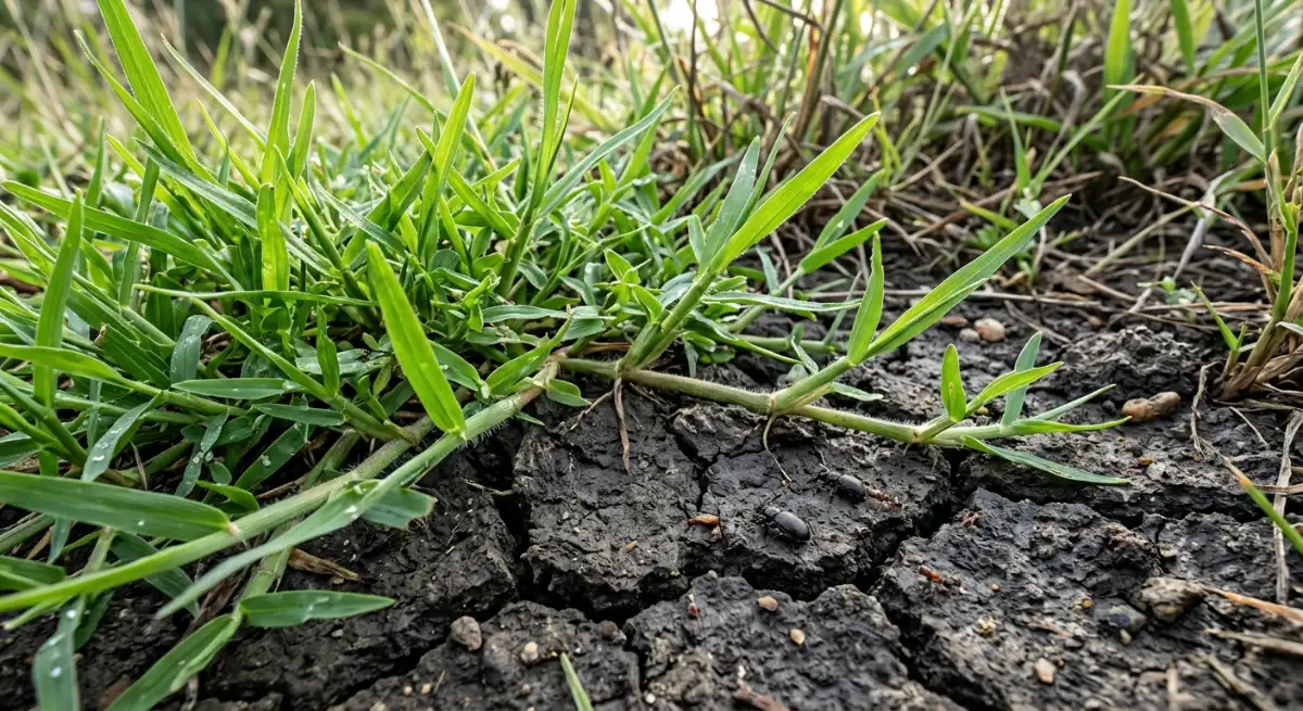 Close up view of aggressive Kikuyu grass runners on Auckland clay soil