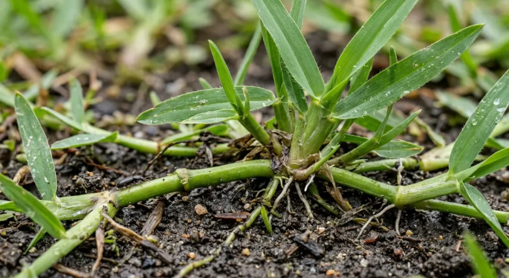 Close-up view of thick Kikuyu grass runners growing in Auckland clay soil