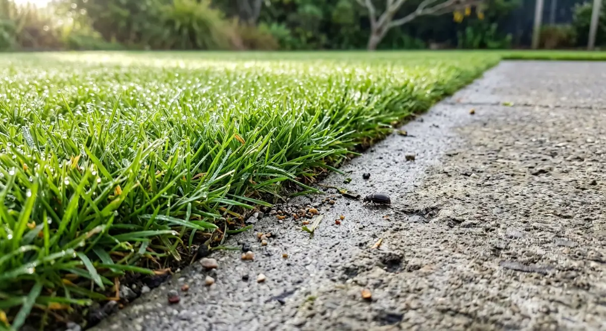 Crisp lawn edges along a concrete pathway demonstrating professional Auckland lawn care